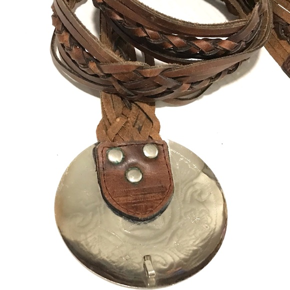 Vintage Genuine Leather Woven Belt Floral Engraved 4” Medallion Buckle Belt M/L - Picture 8 of 10
